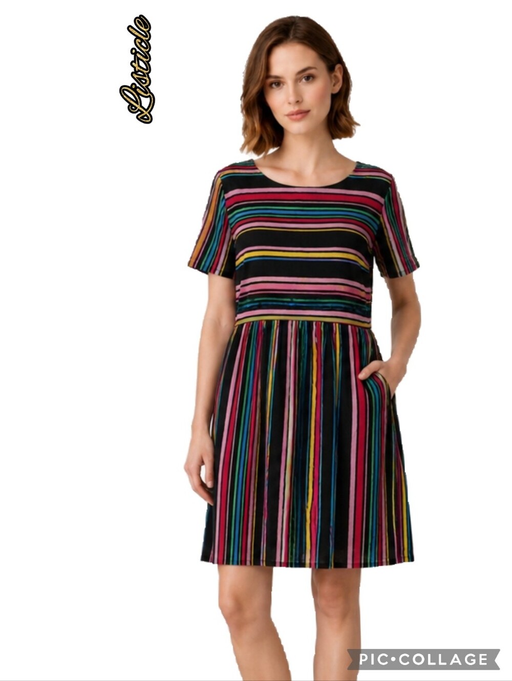 Listicle black & multicolor striped & gathered 100% cotton casual lined dress